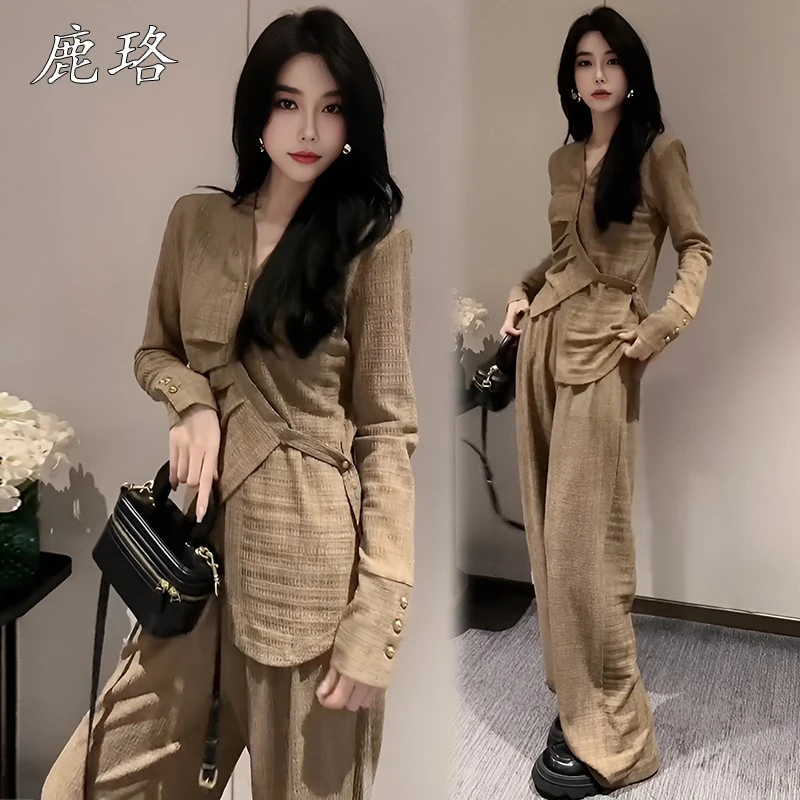 入秋穿搭一整套大码胖mm气质高级感美拉德衬衫阔腿裤秋季简约套装