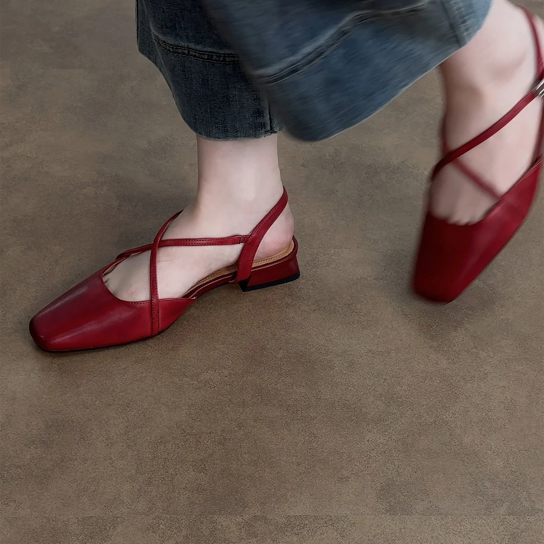 2cm/ED2276牛皮方头百搭粗跟包头凉鞋女春夏复古低跟玛丽珍鞋真皮