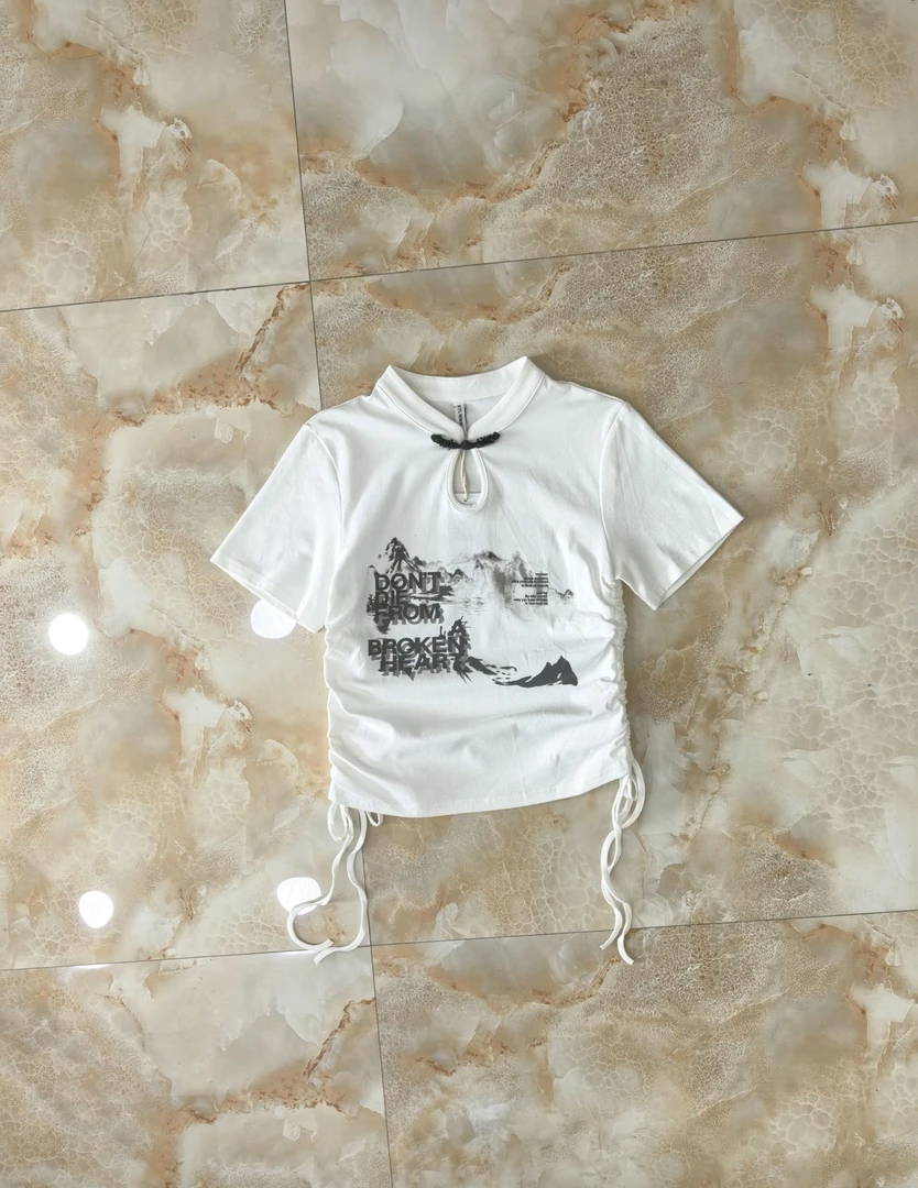 可依莱夏款中国风套装T恤夏装不对称印花短袖短款新中式DX4Q0314