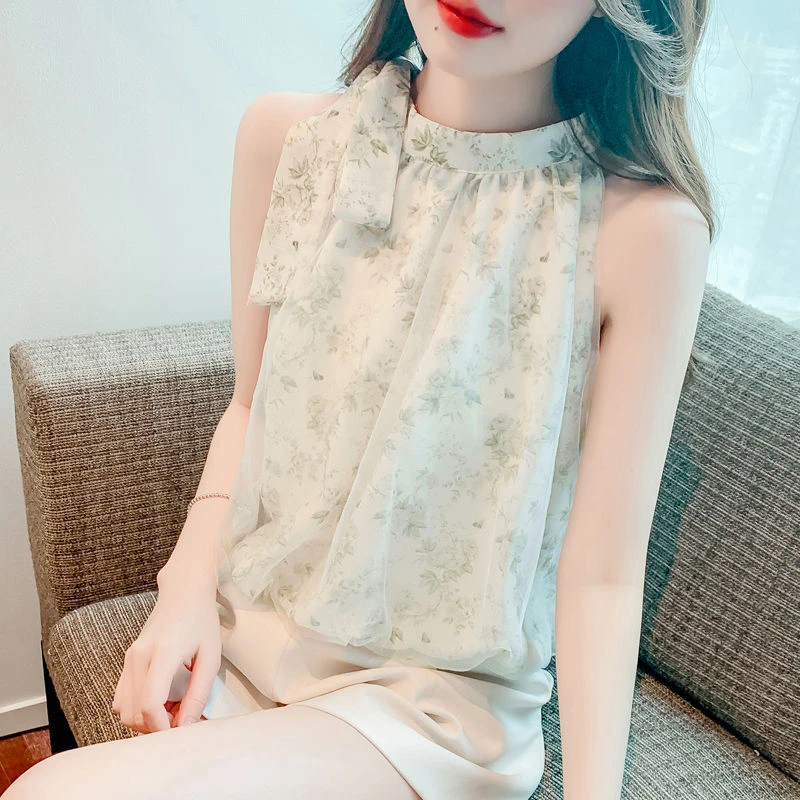 宽松型系带碎花常规款无袖时尚雪纺衫小衫设计感显瘦衬衫上衣