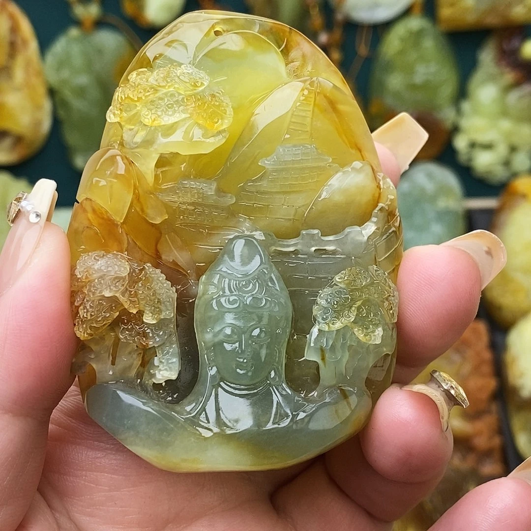 未镶嵌蛇纹石玉颈饰山水观音像