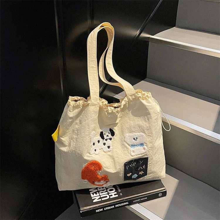 夹层拉链袋托特包抽带水洗单肩包布包学生美式潮牌