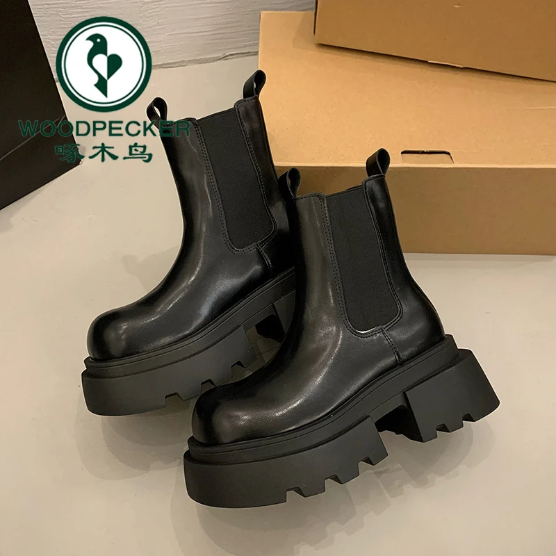 啄木鸟厚底马丁靴冬季女2025秋季新款增高烟筒靴英伦风切尔西短靴