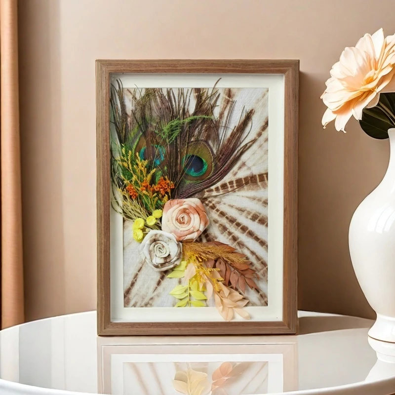 WabiNian云觅【光明】蓝染扎染永生花孔雀羽非遗装饰画电视柜玄关