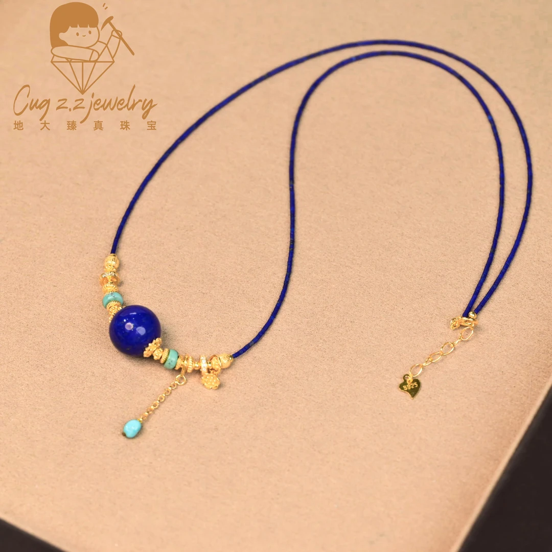 天然青金石圆珠吊坠锁骨链diy设计款925银