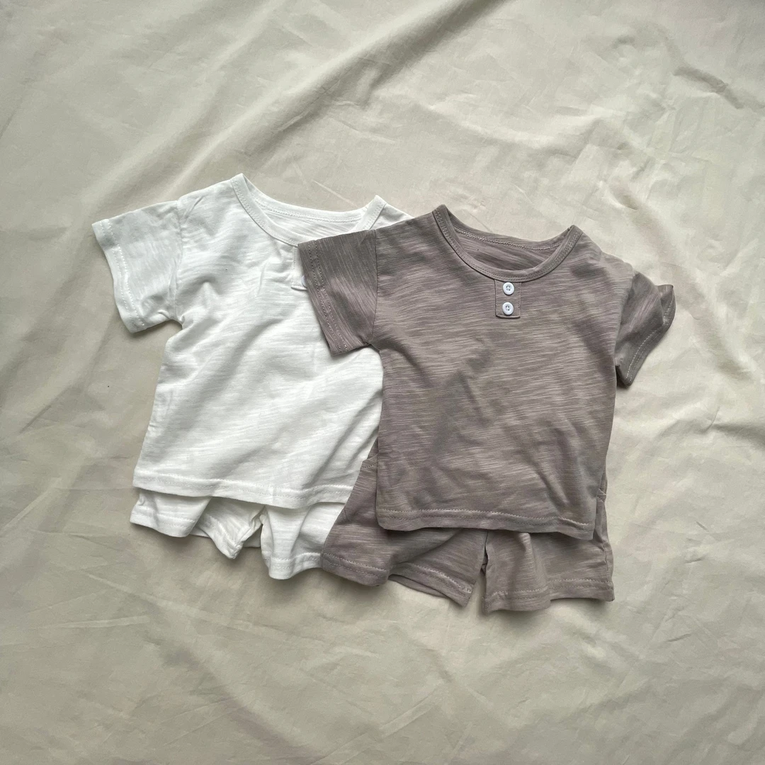 韩版ins纯色暖色调夏季短袖短裤套装男女宝宝洋气潮T桖套简约百搭