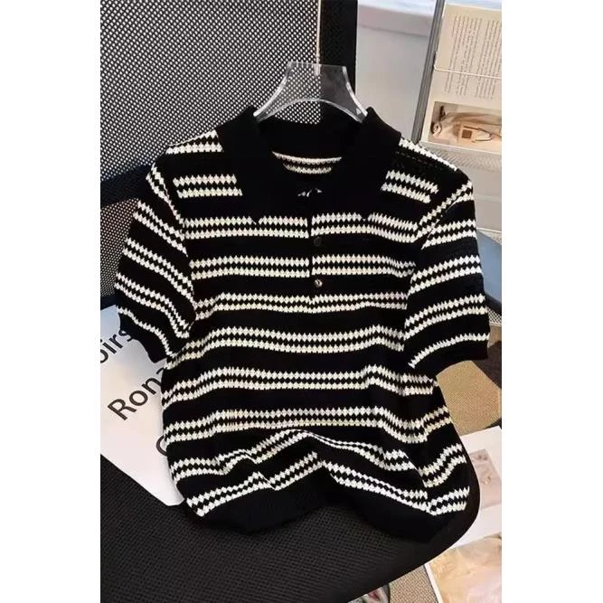 条纹polo衫短袖t恤女夏季2025新款设计感小众冰丝针织衫半袖上衣