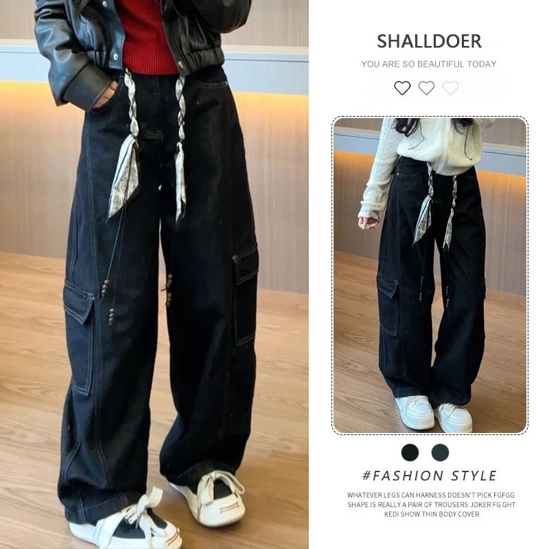 美式复古多口袋弯刀工装裤女2025春秋新款百搭宽松显瘦直筒阔腿裤