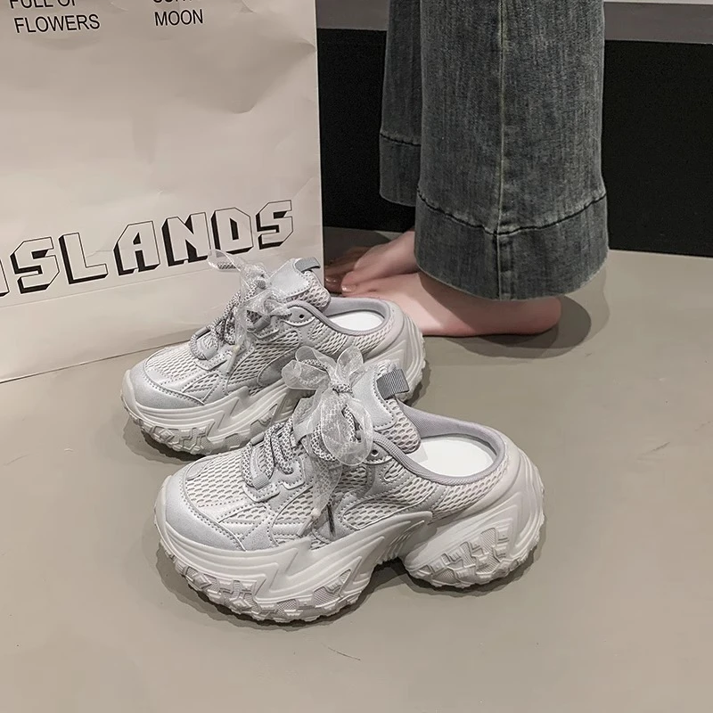 小牙私服轮胎底老爹鞋女无后跟包头半拖鞋2025新款厚底运动休闲鞋