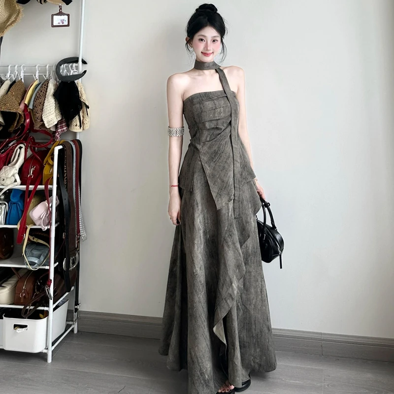 新中式灰色不规则抹胸连衣裙子女夏季2025新款清冷感禅意气质长裙