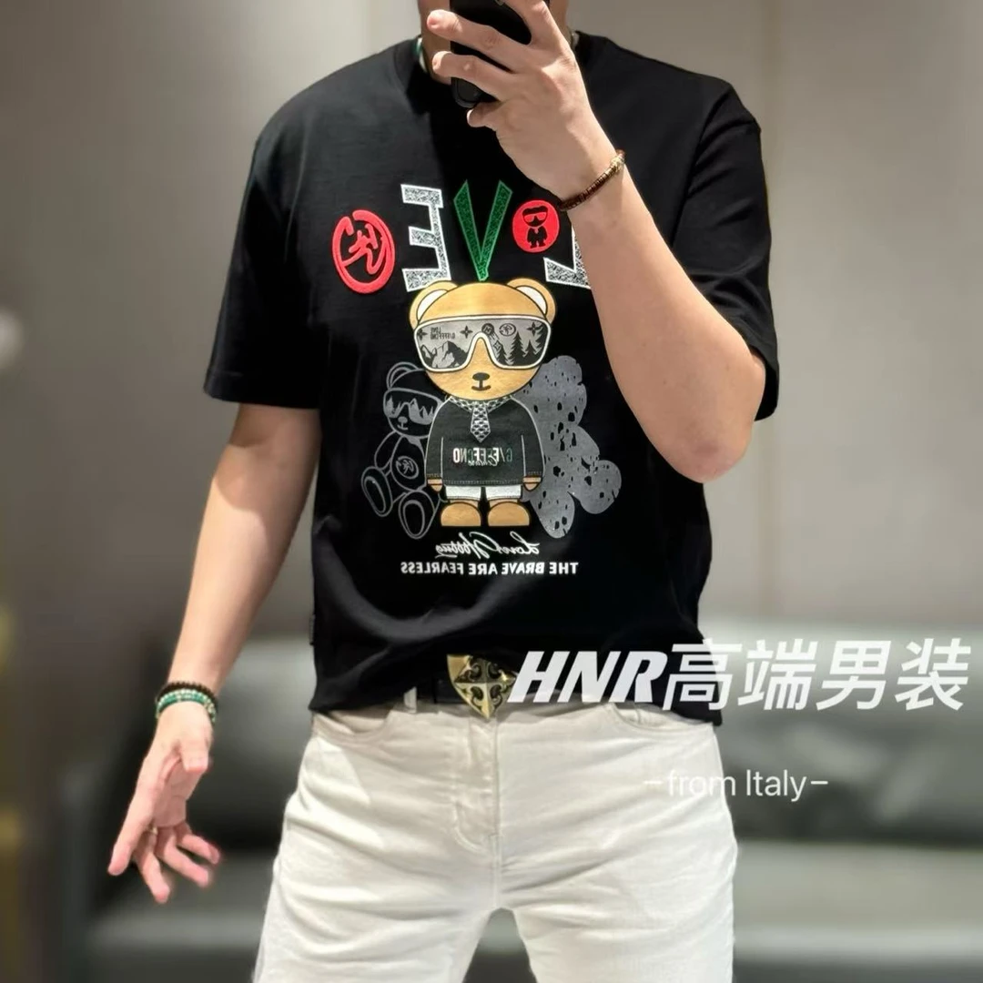 立体三只带墨镜小熊100%云柔棉阔版休闲春夏新品T恤98025