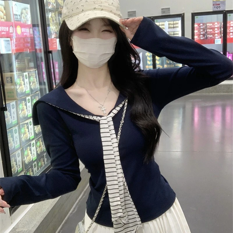 韩版ins披肩海军领长袖t恤女秋季穿搭韩版学院风撞色条纹短款上衣