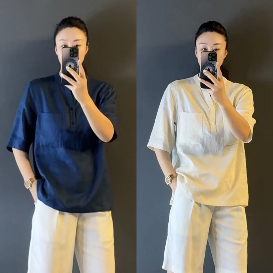 帝罗依老钱风宽松亚麻衬衫76322夏款轻奢皱感时尚套头衫