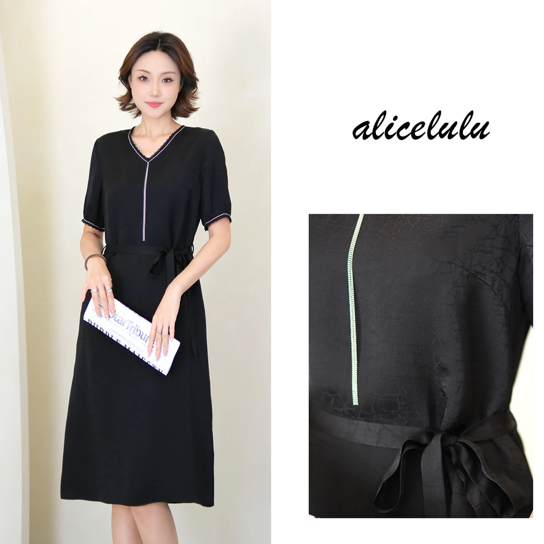 [alicelulu]简约时尚龟裂纹V领短袖系带连衣裙S2143117E
