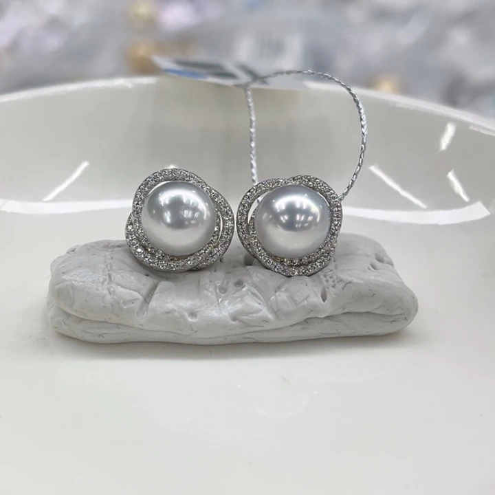 银S925镶嵌耳饰海水珍珠澳白8-9m 20号