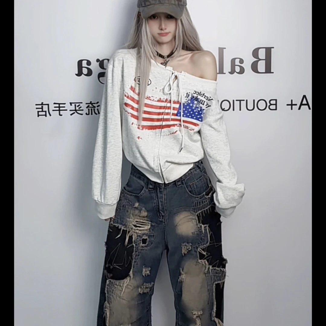 【Ann】“美式女高”拉链卫衣美式辣妹长袖上衣+补丁阔腿牛仔裤套装