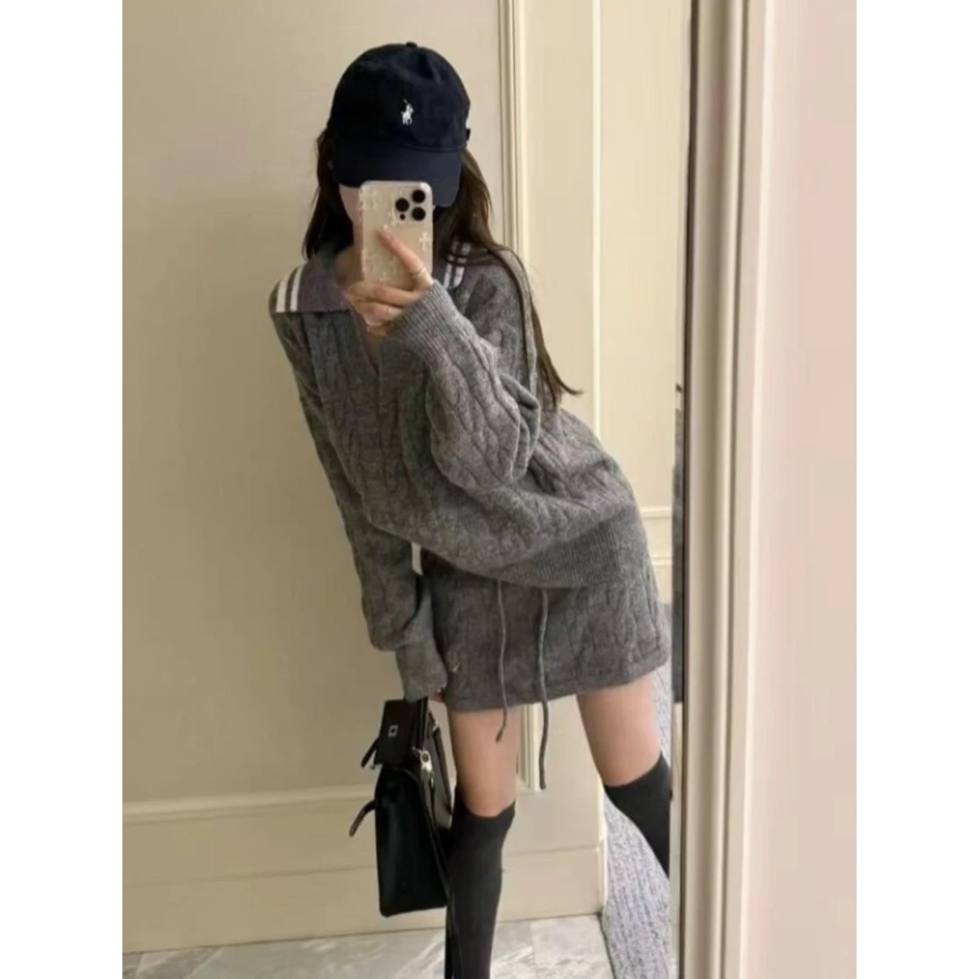 欧洲站灰色毛衣套装女2025春装复古格雷系学院风针织衫短裙两件套