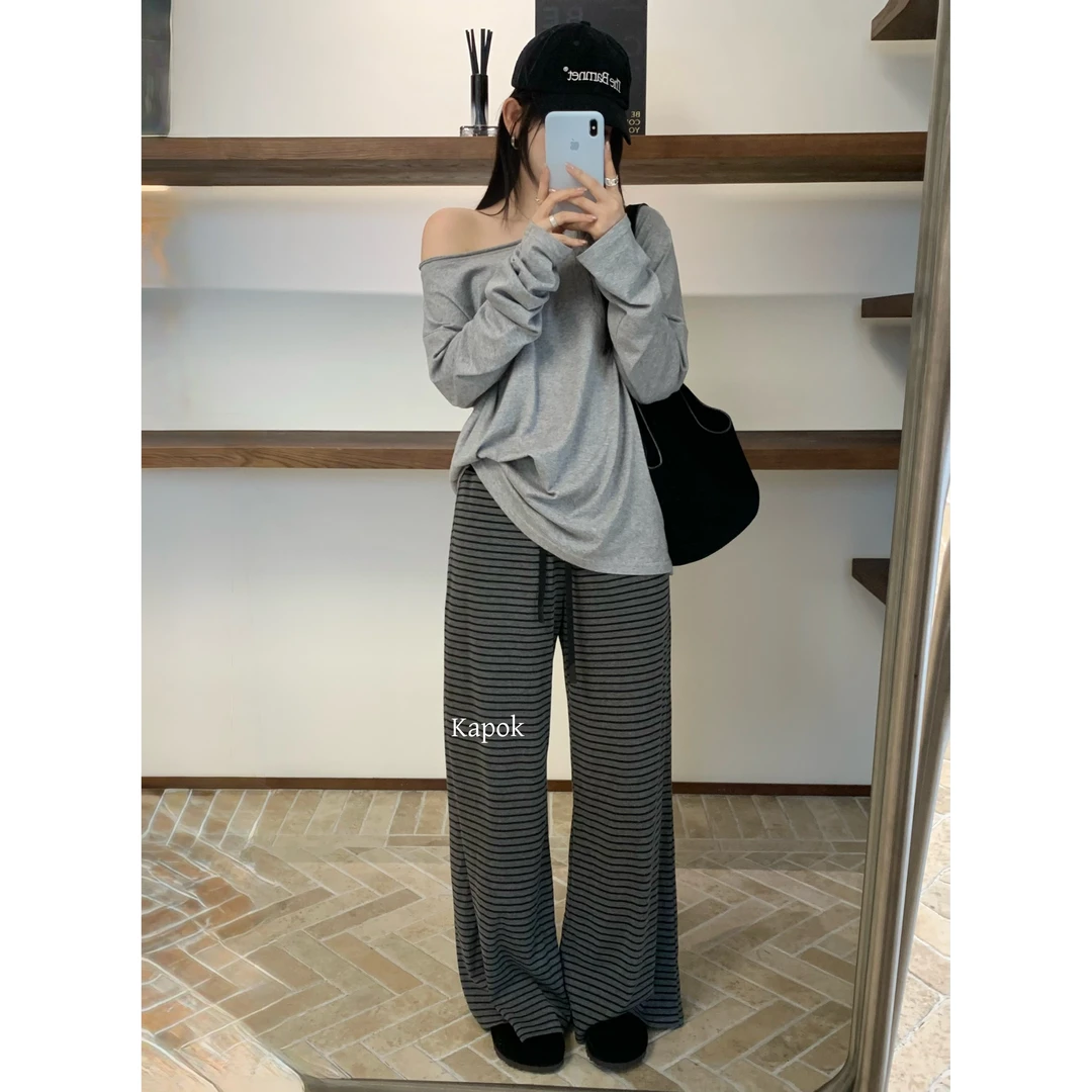 M-25626#垂感超绝!!宽松慵懒撞色条纹休闲裤