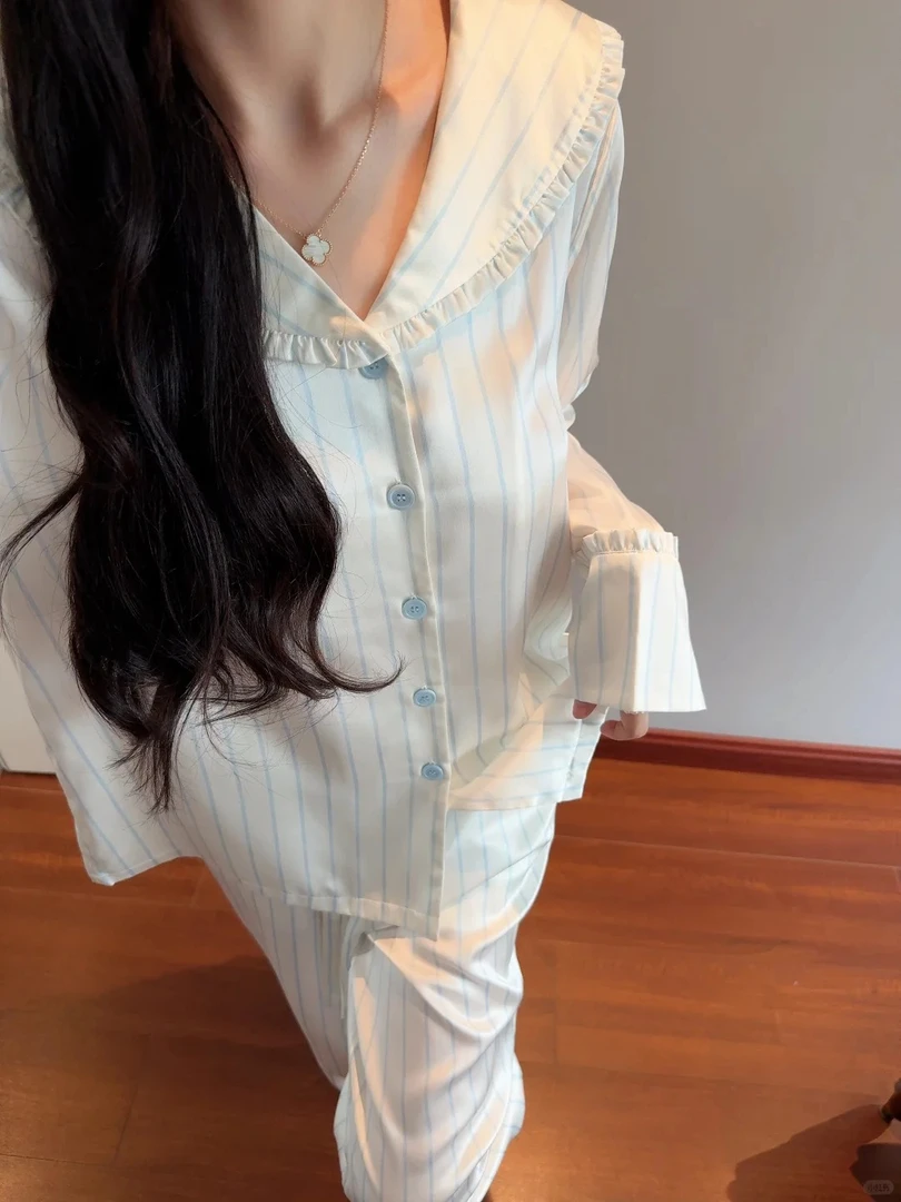 【DMXJ大梦想家】甜美温柔风条纹睡衣女秋季新款可爱休闲家居服套装