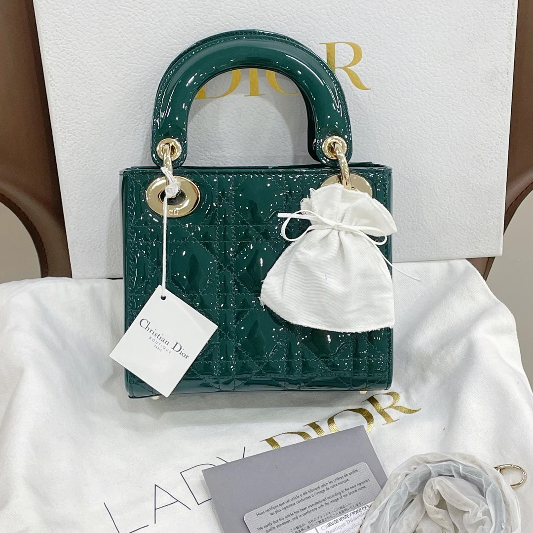 99新 DIOR/迪奥 经典三格戴妃绿色漆皮手提斜挎包