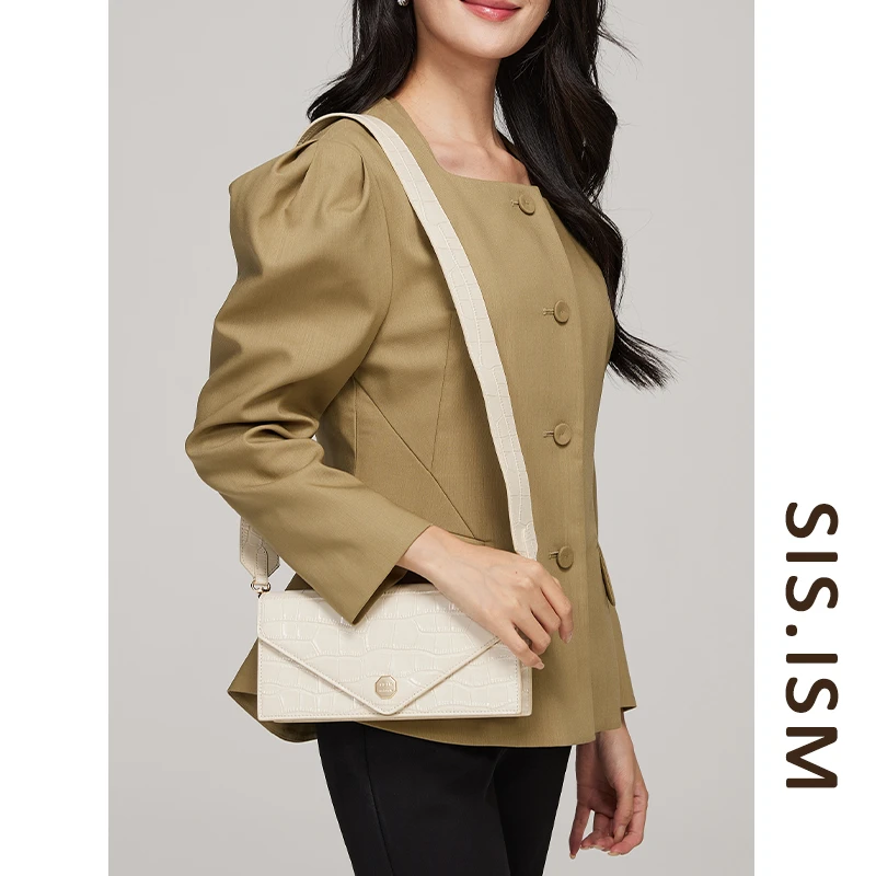 SISISM/姐妹主义真皮鳄鱼纹信封包单肩斜挎包腋下链条包百搭简约