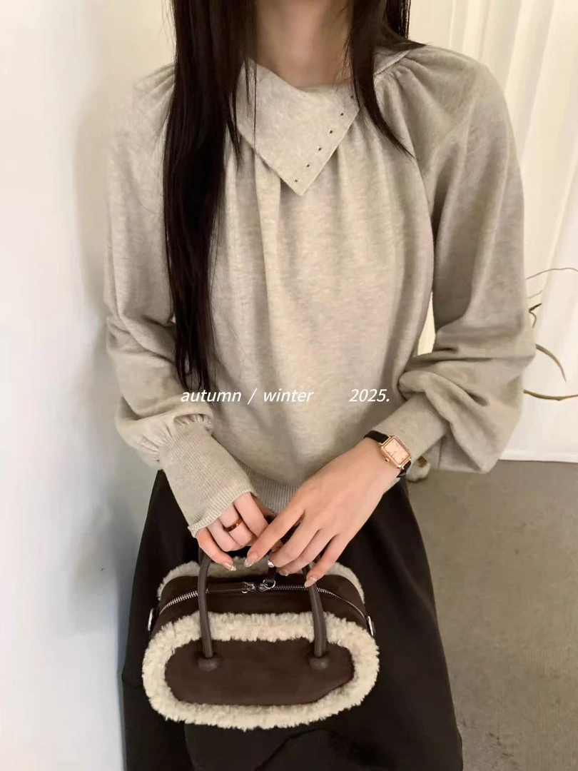 MAMIE【质感在上】秋冬新款设计感复古显瘦两穿百搭立领针织衫女