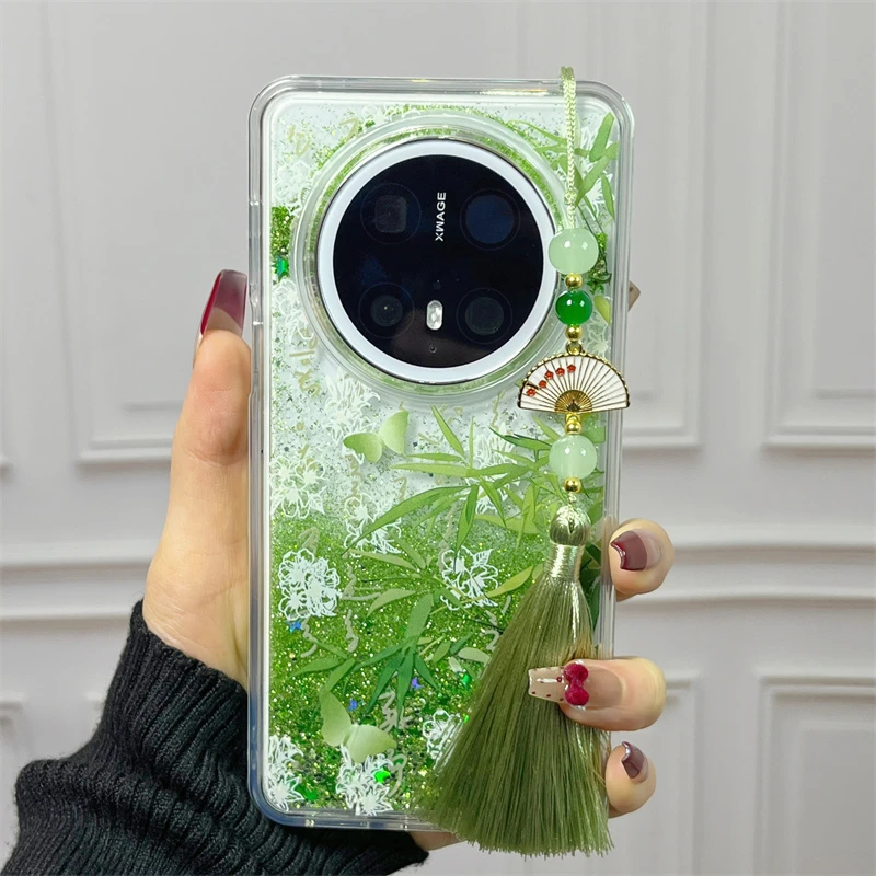 流沙绿叶竹子适用华为mate70pro+手机壳pura70/p60流苏挂件mate60