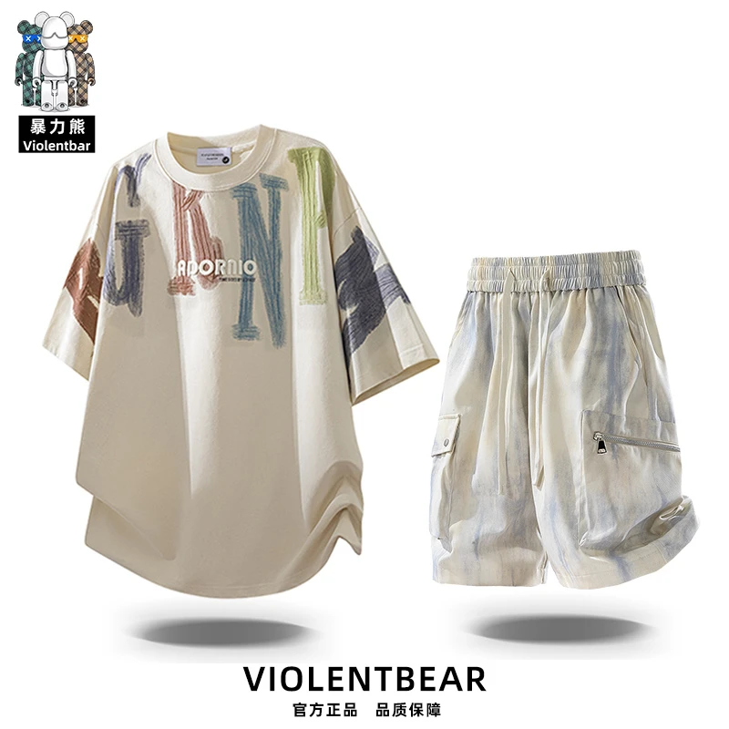 【暴力熊品牌现货】轻奢痞帅男装套装男款夏季大男孩高级感短袖一套