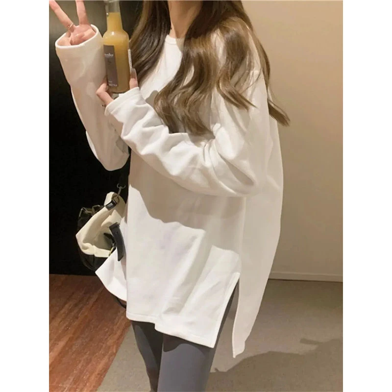 大码简约小众中长款德绒长袖t恤女春季新款宽松休闲百搭打底衫ins