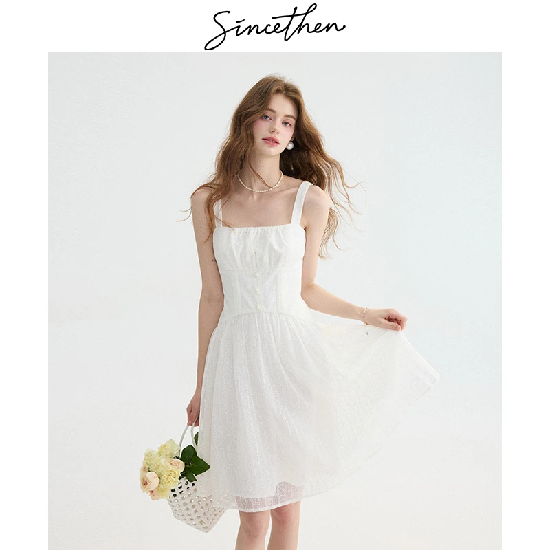sincethen人鱼泡沫法式百搭吊带裙小个子连衣裙短款白色裙子短裙