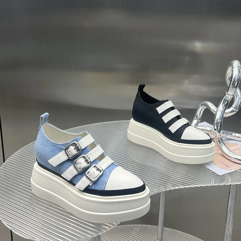 内增高女鞋2025年春季新款显瘦小个子牛仔布厚底松糕鞋SJ2986-18