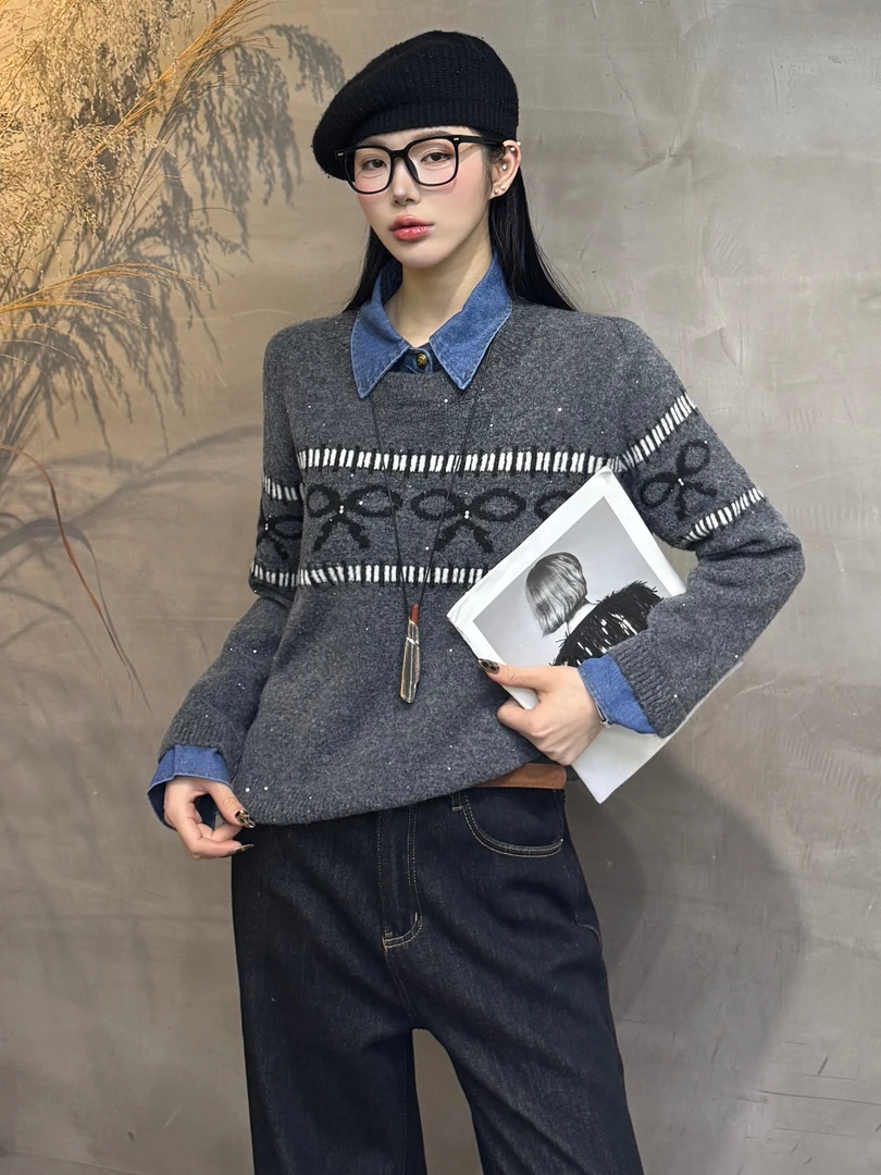 88036#秋冬蝴蝶结针织衫时尚撞色提花毛衣设计感慵懒polo领