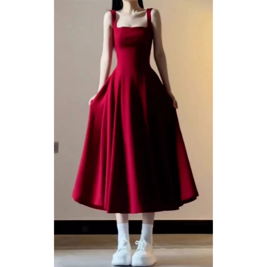 级感气质法式风吊带红色连衣裙子女夏新款夏季字长裙