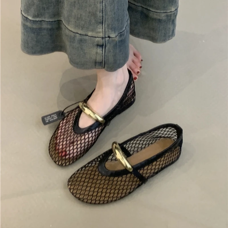 SS-1088-15法式圆头网面镂空玛丽珍单鞋平底芭蕾舞鞋女渔网鞋