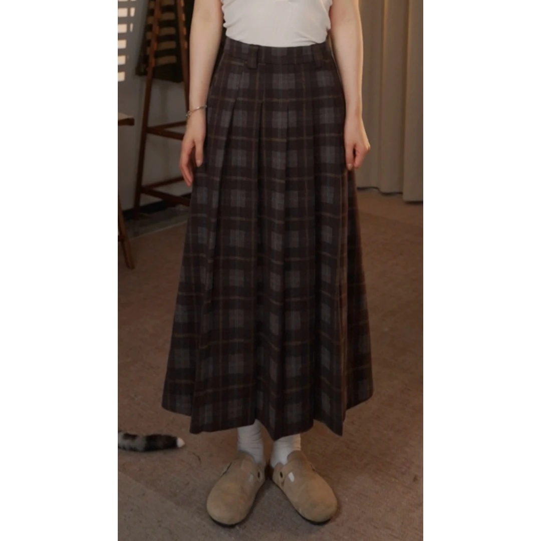 圆圆【华夫裙】显瘦高腰气质百搭时尚复古格纹百褶半身裙 YY 9445