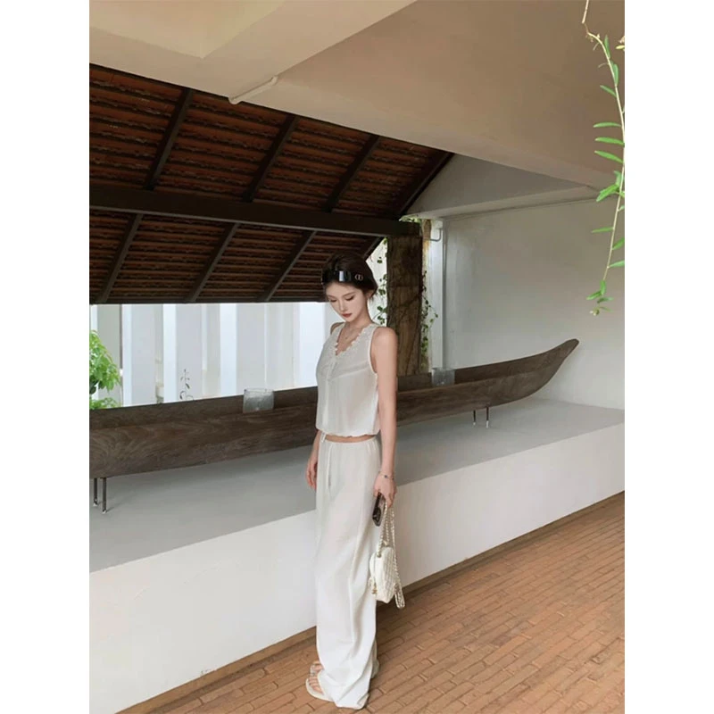 法式高级感时尚辣妹纯欲性感镂空背心上衣高腰宽松抽绳直筒阔腿裤