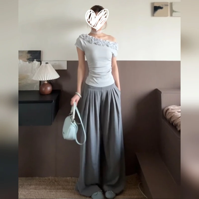 美式性感多层花边斜领露肩短袖T恤女夏季新款修身气质设计感小上