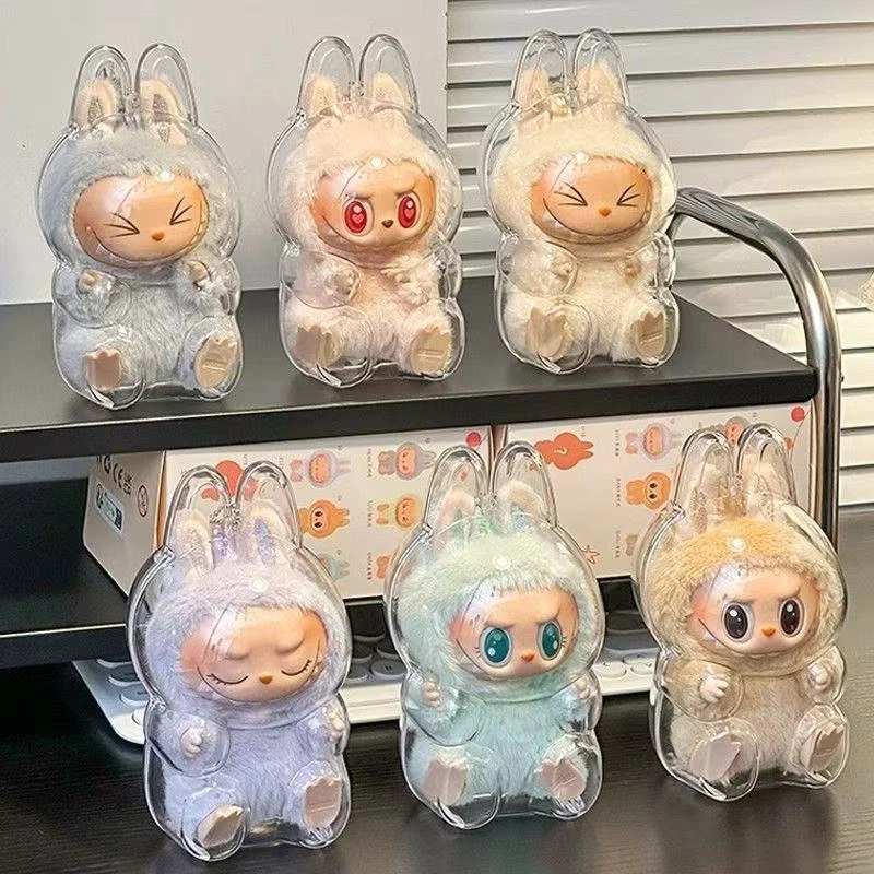 labubu搪胶保护套拉布布坐坐派对公仔防尘面罩透明遛娃收纳展示盒