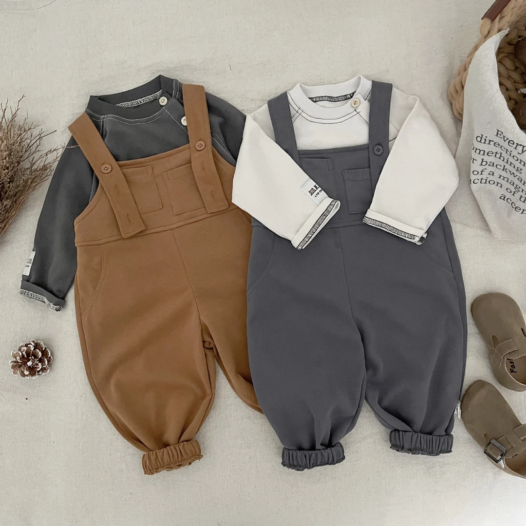 男童春秋装2025新款小童百搭打底衫上衣宝宝韩系休闲背带裤套装