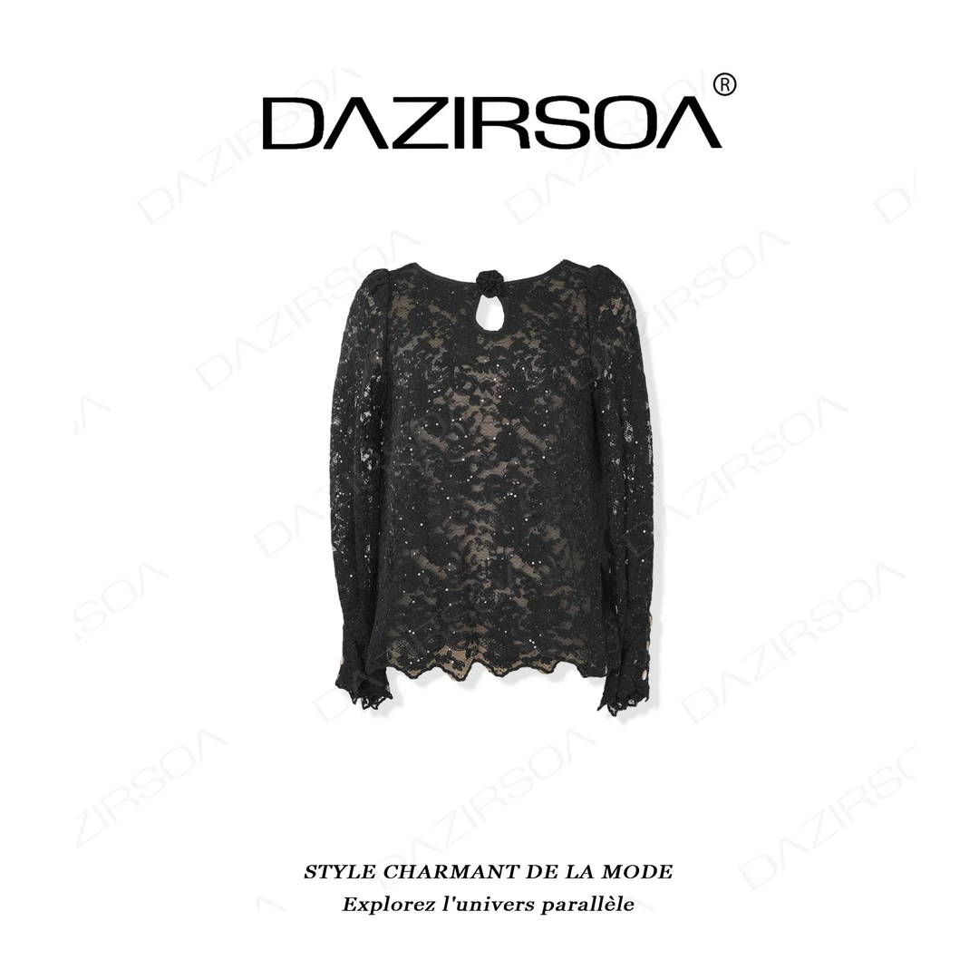 DAZIRSOA/达姿“姿态常新”时尚百搭领口拼接玫瑰花洋气蕾丝衫 X312