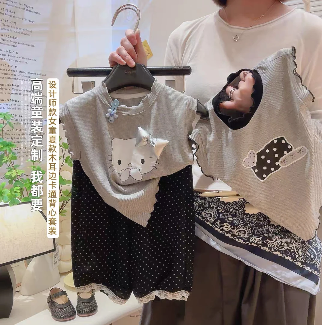 2025新款夏季花边童装女童韩版碎花九分裤时尚新款洋气潮流套装