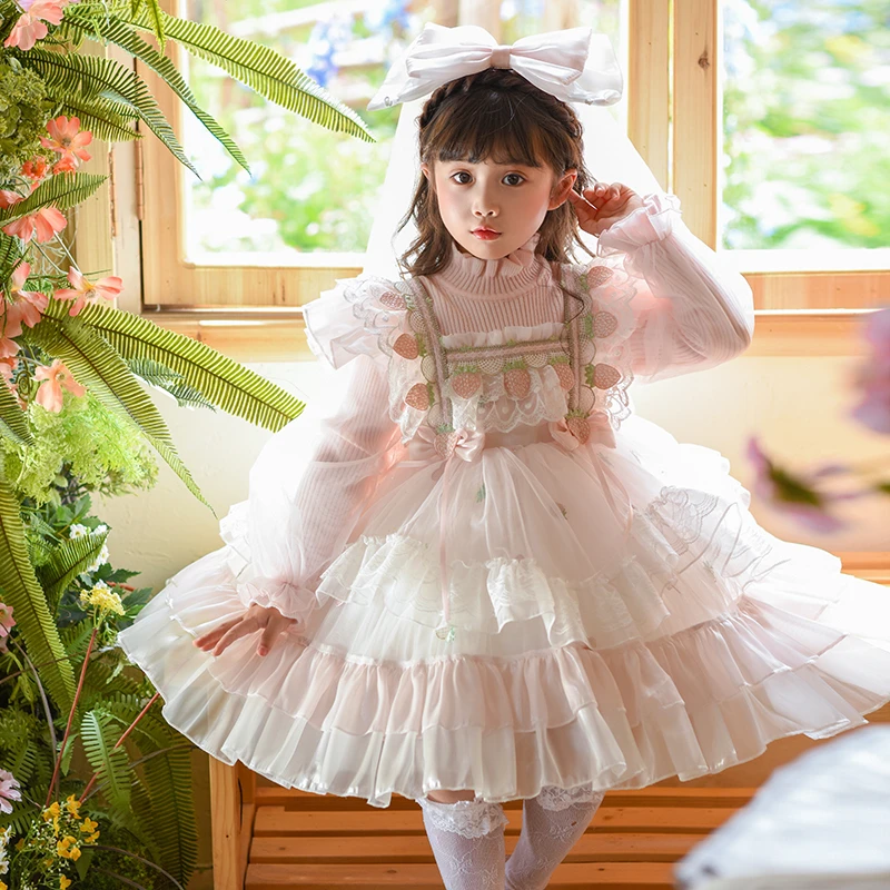 女童秋冬四季草莓粉色公主裙  礼服洛丽塔纱裙背心蓬蓬裙连衣裙