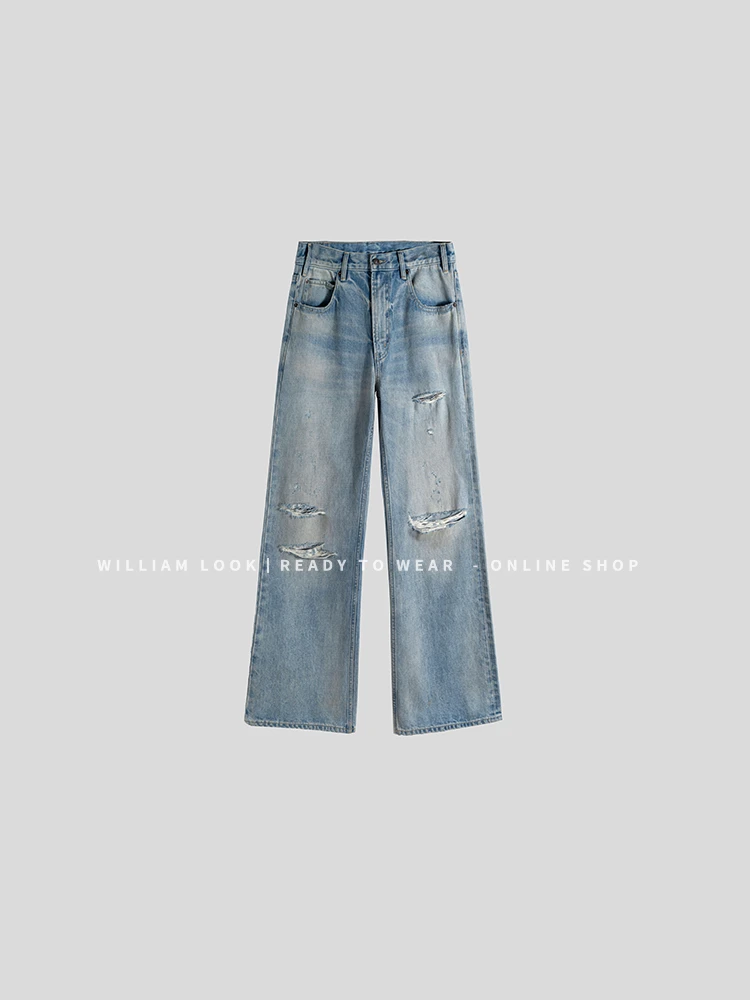 威廉威 男女同款【瑟琳神牛】14.5oz土耳其重工洗水破洞牛仔裤E1036