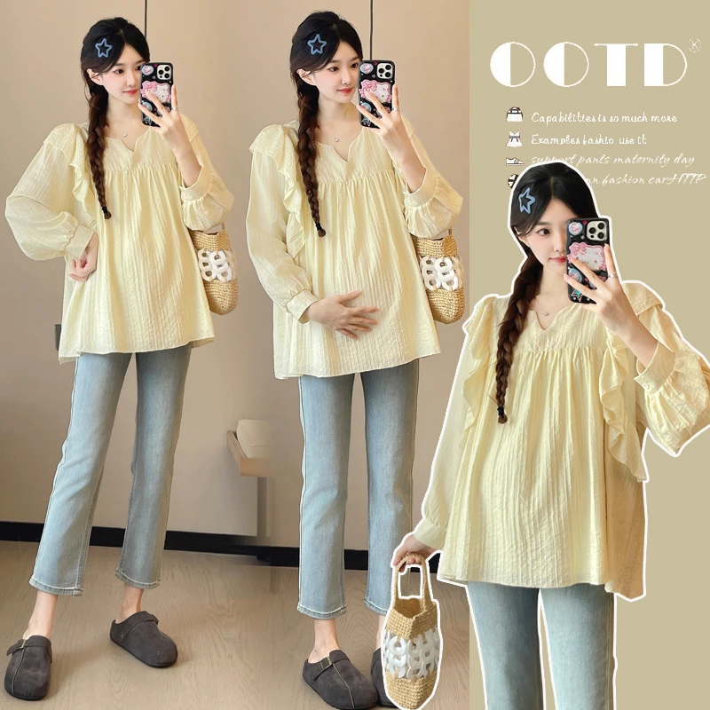 实拍新款2025孕妇装秋装拼接设计感衬衫百搭宽松显瘦上衣娃娃衫
