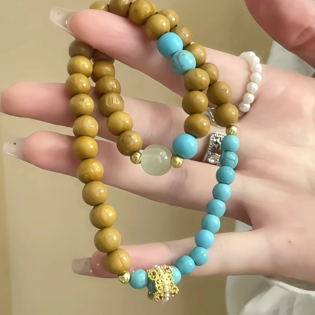 合金木质手链 月在万松顶原创蓝石手工DIY新中式双圈弹力手链复古