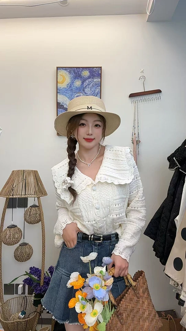 06区白色韩系温柔翻领针织毛衣开衫