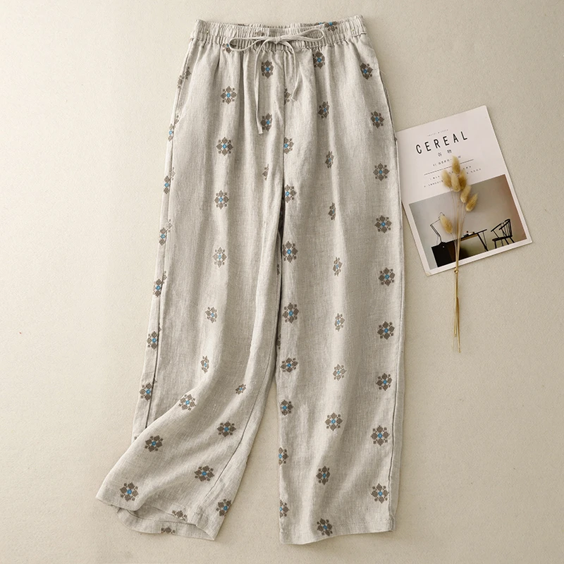 2025夏季新款休闲裤女松紧腰宽松显瘦收腰绳复古印花直筒裤长裤