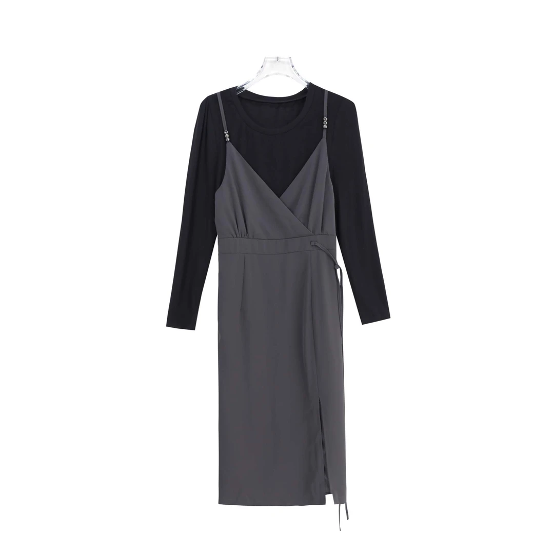 新款气质圆领长袖假两件拼接连衣裙S1304