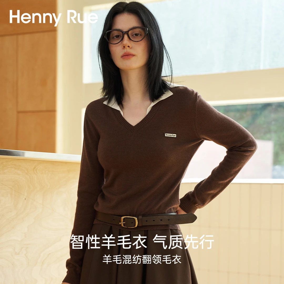 HennyRue 气质针织百搭时尚休闲羊毛混纺翻领毛衣25525