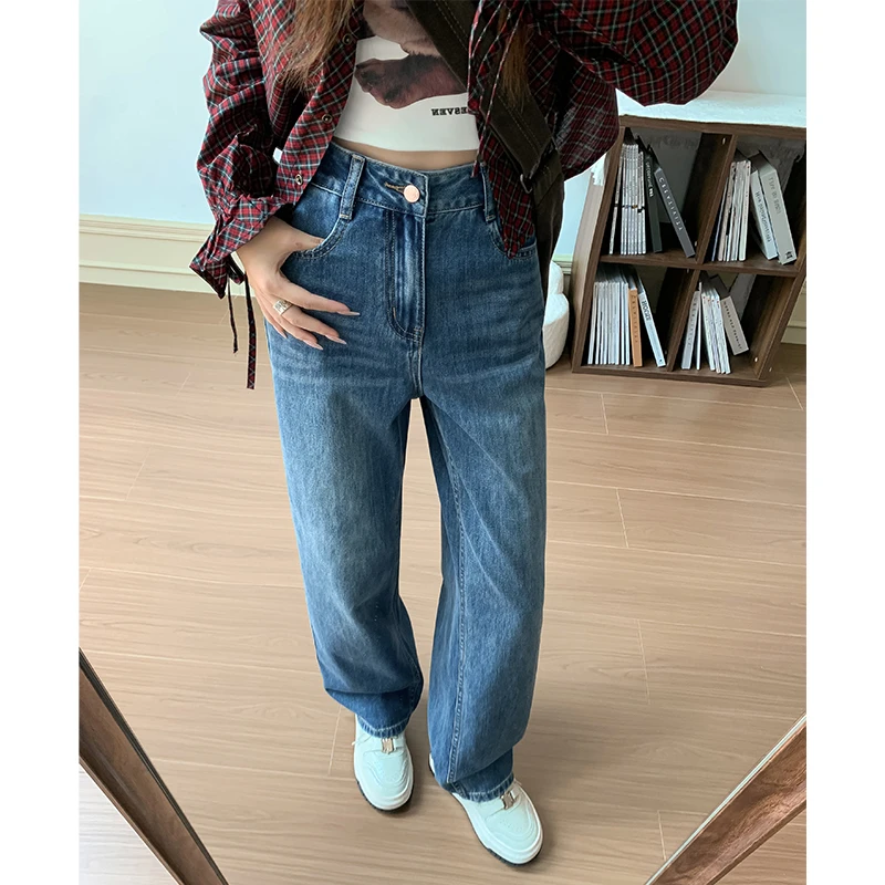 加绒窄版直筒牛仔裤女秋冬2025年新款梨形遮胯显瘦复古高腰阔腿裤